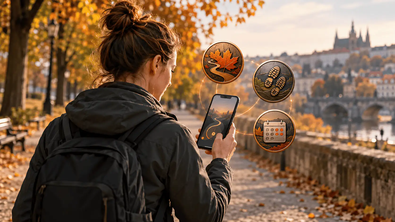 Marcheur du dimanche avec téléphone, allée automnal, badges numériques. Système de badges mensuels WSWA pour randonneurs.