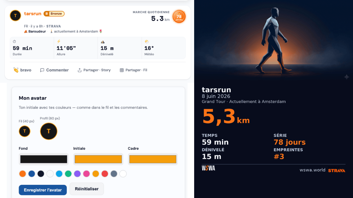 Partage, fil et avatar — l’app WSWA s’enrichit pour raconter ta marche