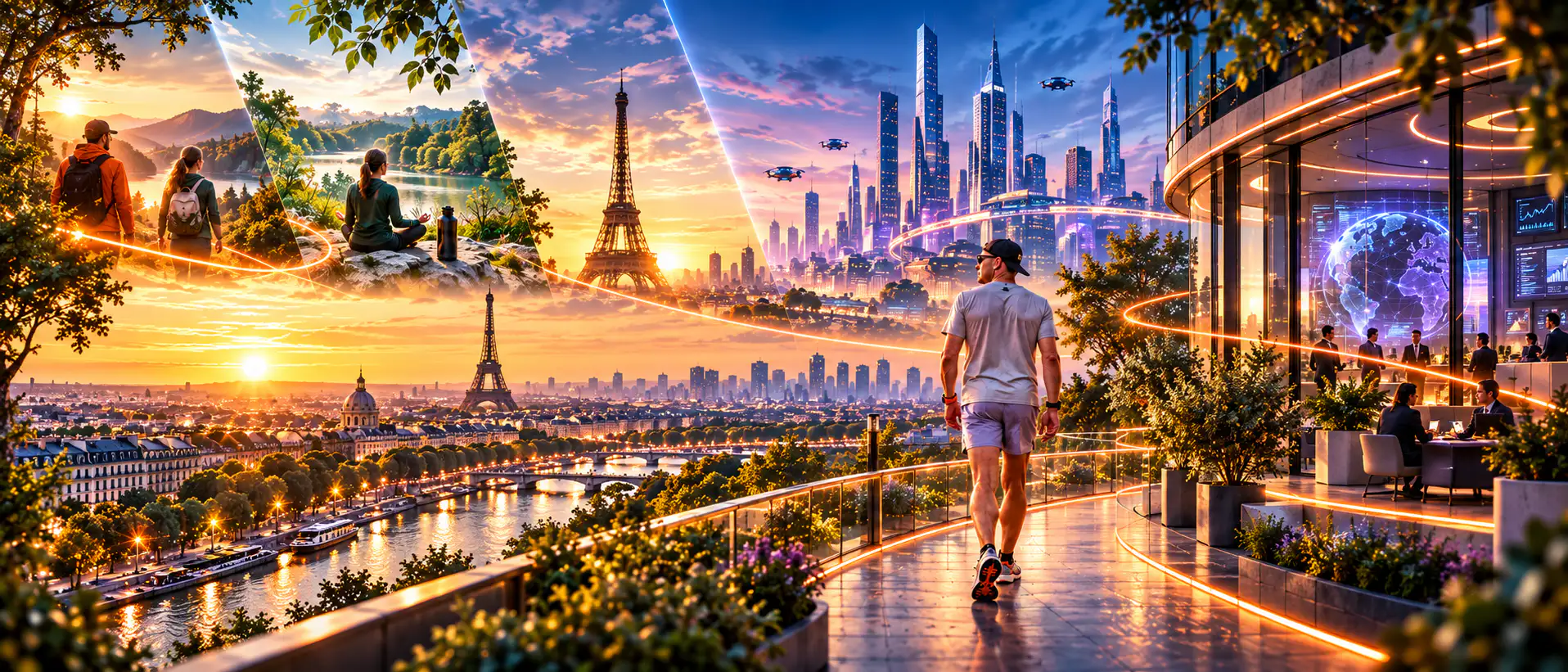 Kael Way marchant vers une ville futuriste au milieu des chemins lumineux de la communauté mondiale WSWA