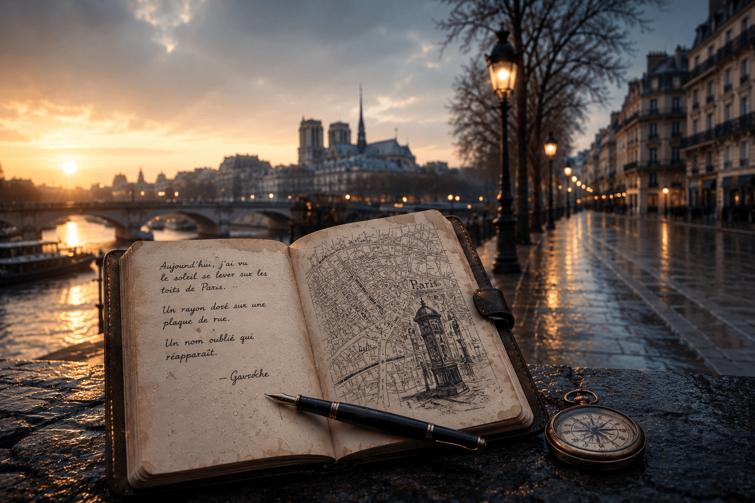 Un carnet en cuir ouvert sur les pavés humides d'un quai de Paris au crépuscule : à gauche un poème manuscrit signé Gavroche, à droite une carte dessinée de Paris avec la silhouette du gamin, une plume et une montre à gousset posées à côté.